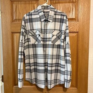 Mossimo Supply Co Long-Sleeve Plaid Shirt Roll Tabs White Pearl Snaps Men’s XL